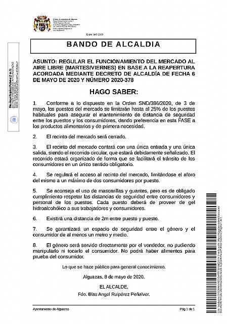 Bando de Alcaldía sobre reapertura de mercados al aire libre