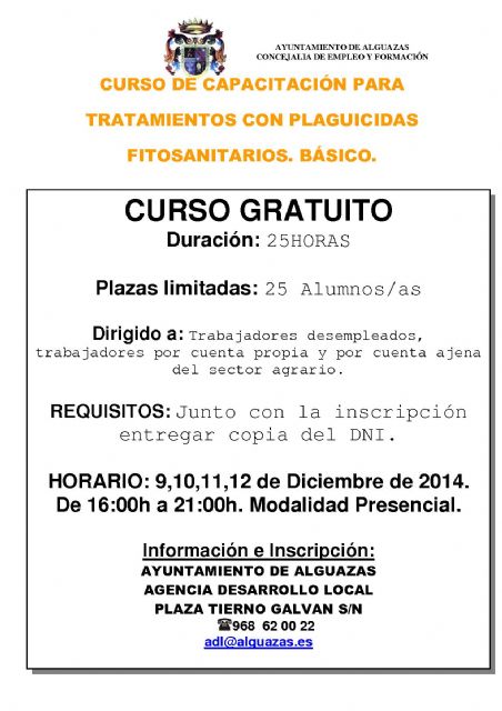 El Ayuntamiento de Alguazas promueve un curso básico gratuito de capacitación para tratamientos con plaguicidas fitosanitarios